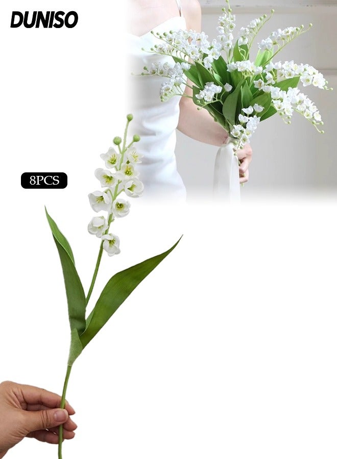 DUNISO 8 Pcs Artificial Flower Lily of The Valley, Faux White Bell Flowers, Wind Chime Orchid, Outdoor Bridal Wedding Bouquet for Home Garden Party (White) - Image 1